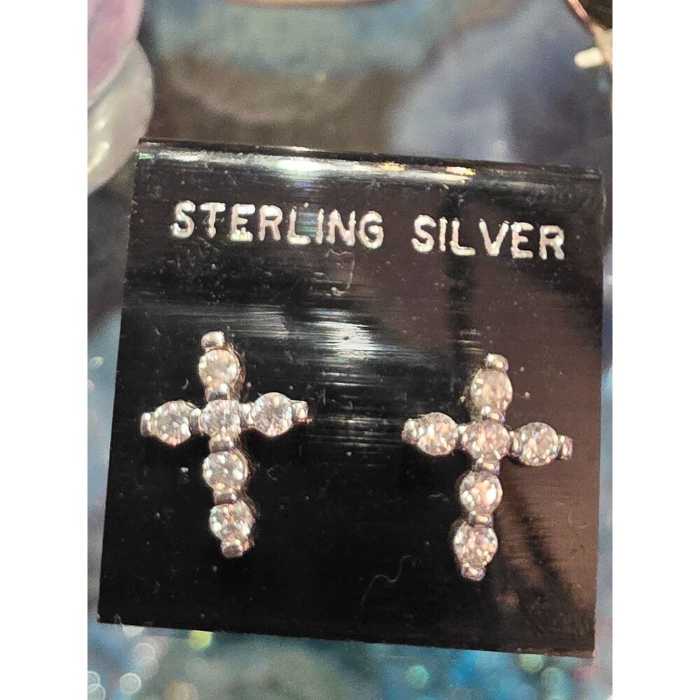 Sterling Silver Cross Crystal Stud Earrings For Women Hypoallergenic